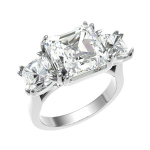 Three-Stone Ring 18 Gold / Platinum for Larger Cushion Shape Center Diamond & Perfect Pair of Cushion Shape Side Diamonds