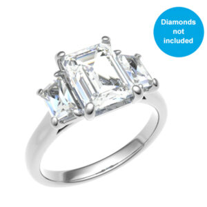 Three-Stone Ring 18 Gold / Platinum for Larger Emerald Shape Center Diamond & Perfect Pair of Emerald Shape Side Diamonds