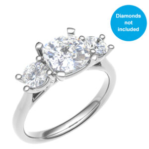 Three-Stone Ring 18 Gold / Platinum for Larger Cushion Shape Center Diamond & Perfect Pair of Round Brilliant Side Diamonds