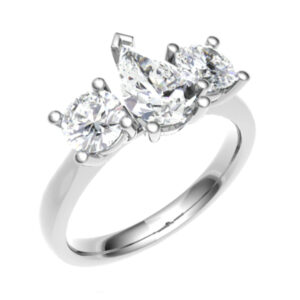 Three-Stone Ring 18 Gold / Platinum for Larger Pear Shape Center Diamond & Perfect Pair of Round Brilliant Side Diamonds